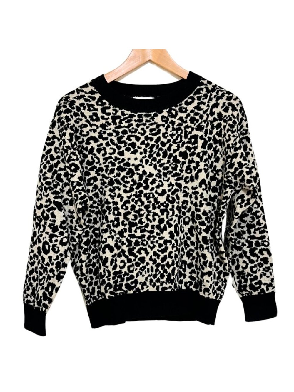 Molly Bracken Leopard Print Black & Tan Knit Crewneck Pullover Sweater – XS/S